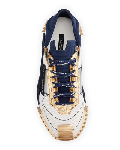 Shop Dolce & Gabbana Men's Runway Ns1 Metallic Drawstring Sneakers In White/blue