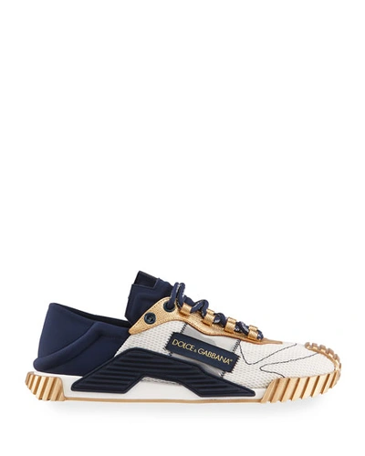 Shop Dolce & Gabbana Men's Runway Ns1 Metallic Drawstring Sneakers In White/blue