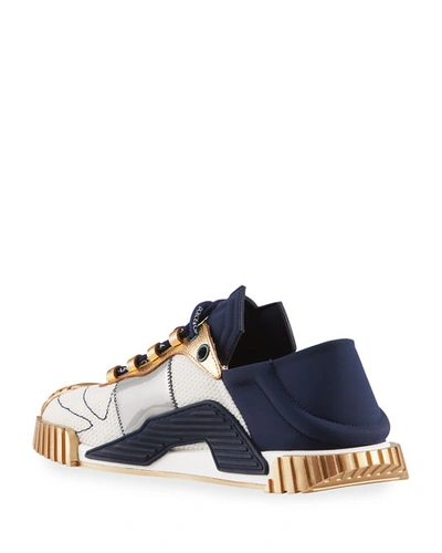 Shop Dolce & Gabbana Men's Runway Ns1 Metallic Drawstring Sneakers In White/blue