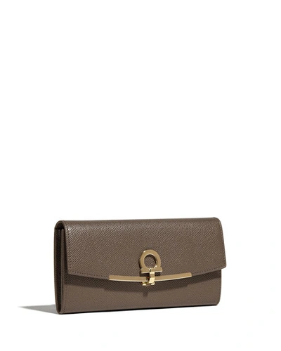 Ferragamo Icona Leather Continental Wallet W/ Hanging Id Tag In Gray