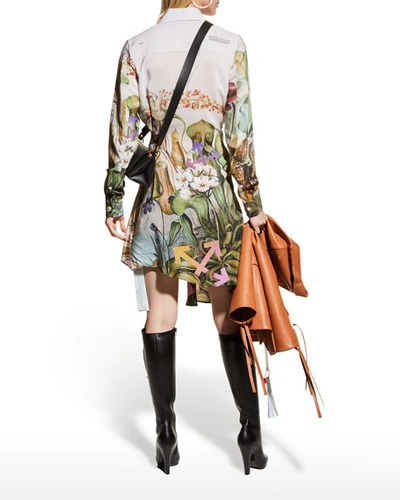 Shop Off-white Botanical-print Belted Silk Shirtdress In Multi