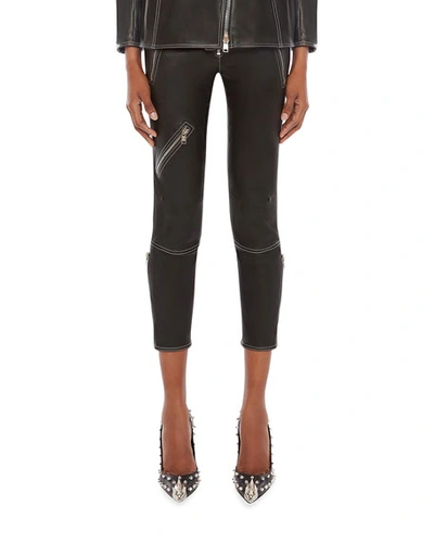 Shop Alexander Mcqueen Stitched Leather Biker Leggings In Blackivory