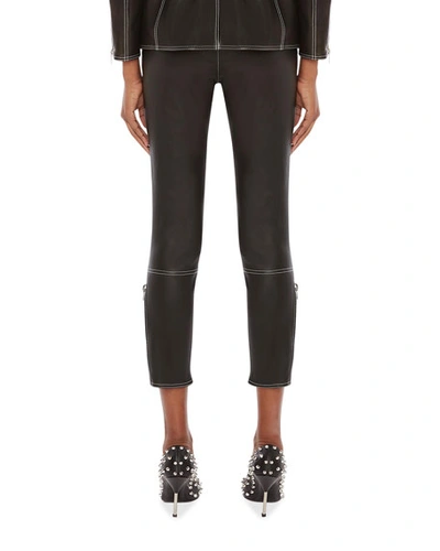 Shop Alexander Mcqueen Stitched Leather Biker Leggings In Blackivory