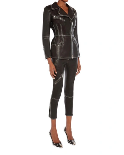 Shop Alexander Mcqueen Stitched Leather Biker Leggings In Blackivory