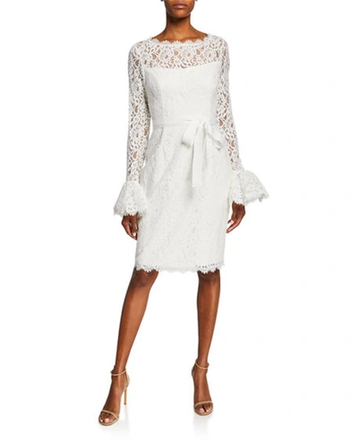 Shop Shani Illusion-neck Bell-sleeve Lace Sheath Dress W/ Sash In Ivory