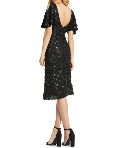 Shop Mac Duggal Floral Sequin Cold-shoulder Knee-length Dress In Black
