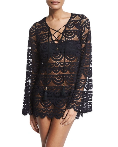 Shop Pilyq Noah Crocheted Tunic Coverup, Black/gold In Black Gold