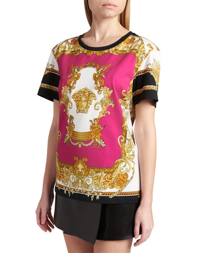 Shop Versace Barocco-print Short-sleeve T-shirt In Fuxiagold