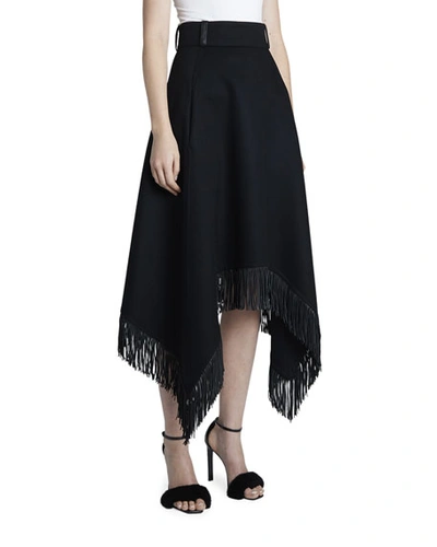 Shop Saint Laurent Wool-cashmere Handkerchief Midi Skirt W/ Fringe Hem In Black