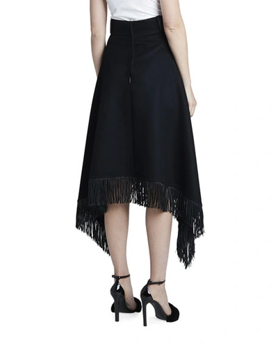 Shop Saint Laurent Wool-cashmere Handkerchief Midi Skirt W/ Fringe Hem In Black