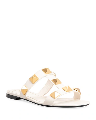 Shop Valentino Roman Stud T-strap Slide Sandals In Light Ivory