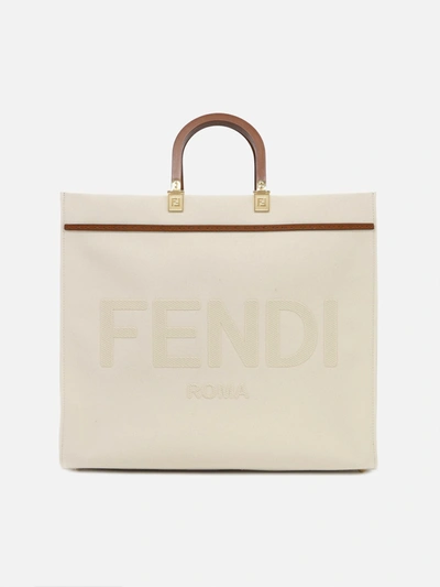Shop Fendi Sunshine Shopping Bag With Embroidered Logo In Raw Grey