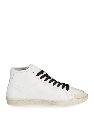 Shop Saint Laurent Leather Mid-top Sneakers In White