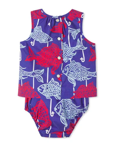 Shop Classic Prep Childrenswear Girl's Sophie Fish-print 2-piece Shirt Set In Fishy Fishy Print