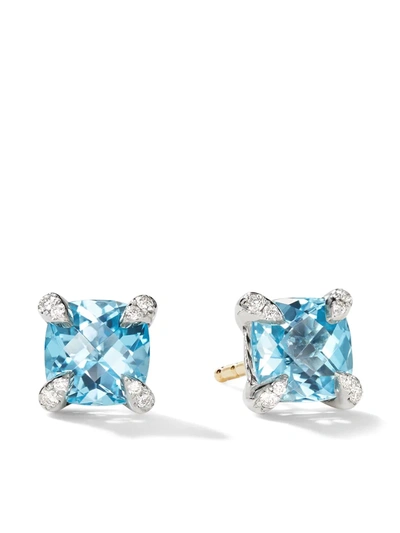 Shop David Yurman Sterling Silver Petite Chatelaine Topaz And Diamond Stud Earrings In Blue