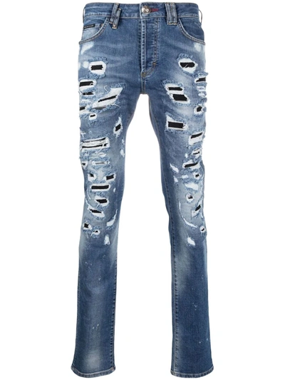 Shop Philipp Plein Straight-leg Distressed Jeans In Blau