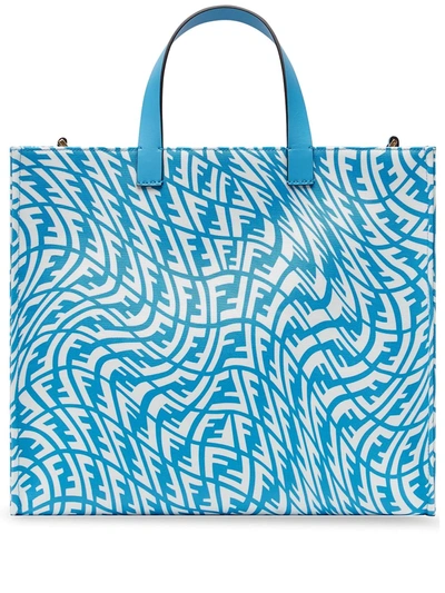 Shop Fendi Small Ff Vertigo Print Glazed Canvas Tote Bag In Blue