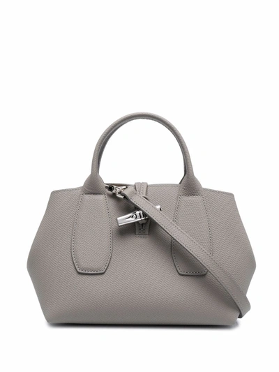 Shop Longchamp Small Roseau Leather Tote Bag In Grey