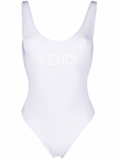 Shop Fendi Embroidered Logo Cut-out Swimsuit In Weiss