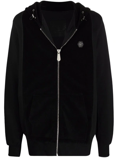 Shop Philipp Plein Velvet-panelled Zip-up Hoodie In Black
