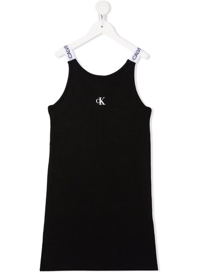 Shop Calvin Klein Logo-print Ribbed Dress In 黑色