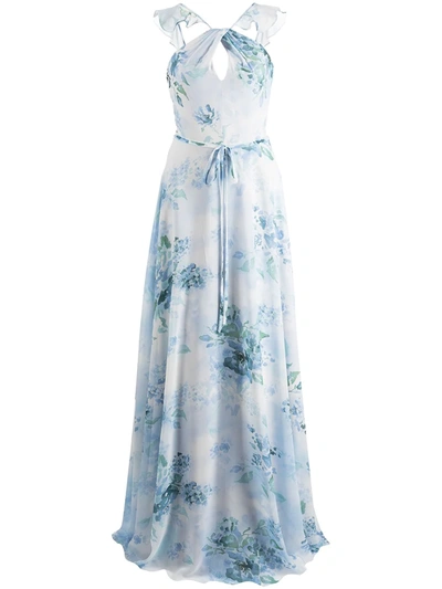 Shop Marchesa Notte Bridesmaids Floral-print Cut-out Gown In Blau
