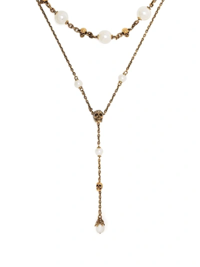 Shop Alexander Mcqueen Double-wrap Faux-pearl Charm Necklace In Gold