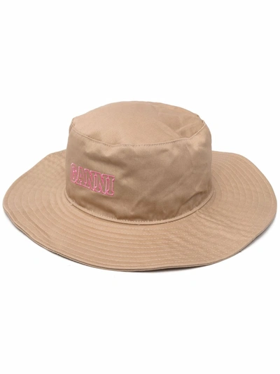 Ganni Logo Embroidered Organic Cotton Sun Hat In Braun