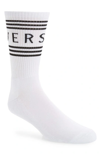 Shop Versace Logo Cotton Blend Crew Socks In Bianco-nero