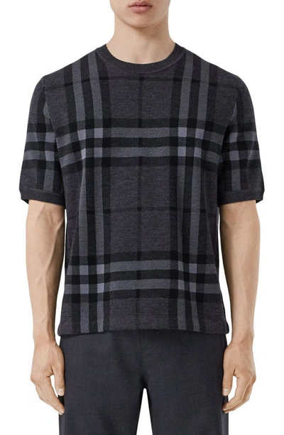 Shop Burberry Wells Check Jacquard Silk & Wool Sweater T-shirt In Charcoal Melange