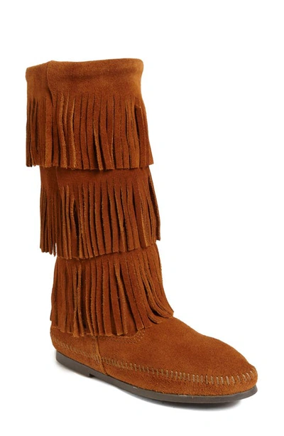 Shop Minnetonka 3-layer Fringe Boot In Brown Suede