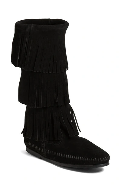 Shop Minnetonka 3-layer Fringe Boot In Black Suede