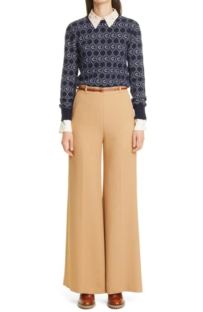 Shop Chloé Double Face Flare Crepe Trousers In Pearl Beige