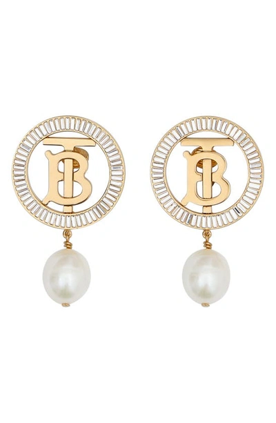 Shop Burberry Tb Monogram Freshwater Pearl Drop Clip-on Earrings In Gold Crystal/ White