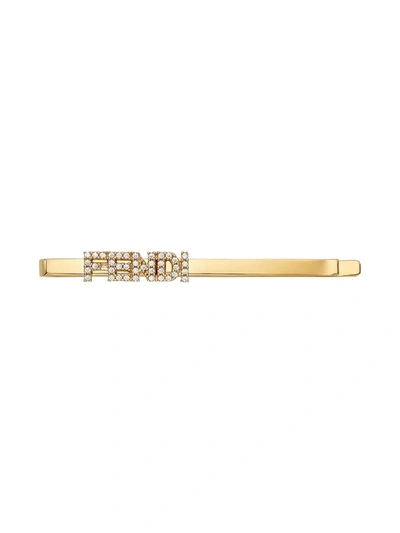 Shop Fendi Crystal-embellished Logo Hair Clip In Gold