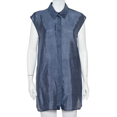 Pre-owned Armani Collezioni Navy Blue Striped Linen & Silk Sleeveless Long Shirt M