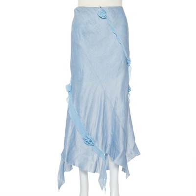 Pre-owned Emporio Armani Blue Linen & Silk Floral Applique Trim Detail Midi Skirt M