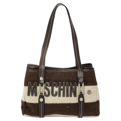 Pre-owned Moschino Brown/white Wool And Leather Logo Tote