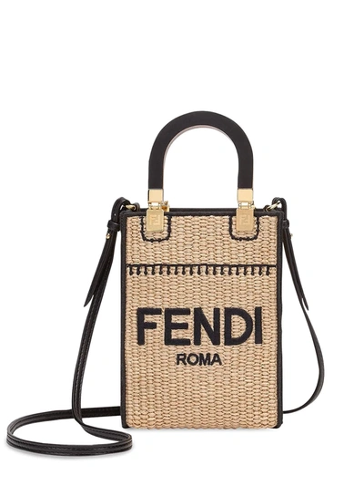 Fendi Neutral Sunshine Mini Straw Tote Bag