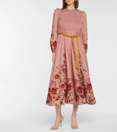 Shop Zimmermann Cassia Floral Cotton Midi Dress In Pink