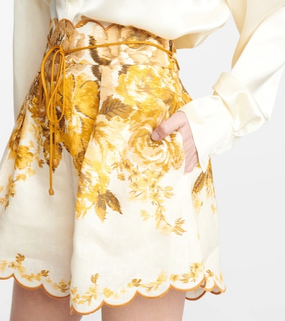 Shop Zimmermann Aliane Floral Linen Shorts In Yellow