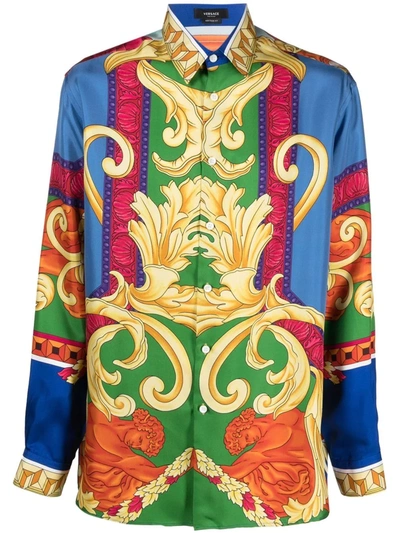 Shop Versace Medusa Renaissance-print Silk Shirt In Blau