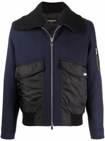 Shop Versace Oversized Collar Bomber Jacket In Blau