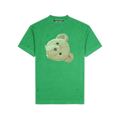Shop Palm Angels Green Bear-print Distressed Cotton T-shirt