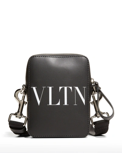 Shop Valentino Men's Vltn Small Leather Crossbody Bag In Black/white