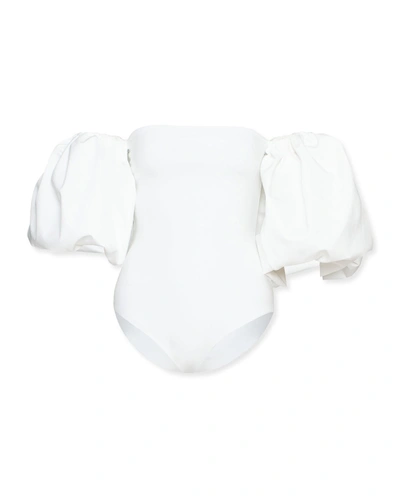 Shop Maygel Coronel Theo Blouson-sleeve One-piece Swimsuit In Off White