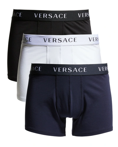 Shop Versace Men's 3-pack Solid Logo Boxer Briefs In A4345 Whitenavybl