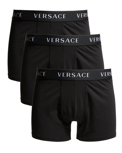 Shop Versace Men's 3-pack Solid Logo Boxer Briefs In A3197 Blackblackb