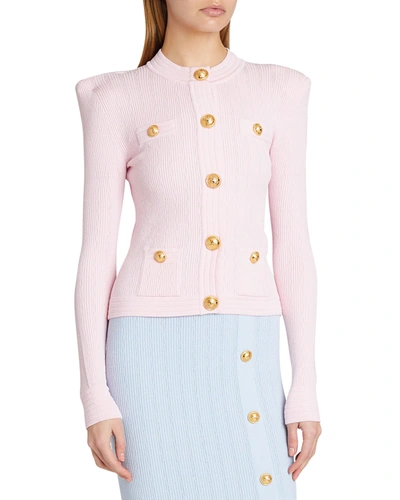 Shop Balmain Short Buttoned Knit Cardigan In Pale Pink