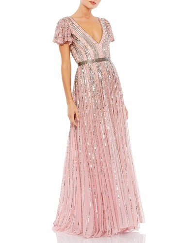Shop Mac Duggal Sequin Striped Butterfly-sleeve A-line Gown In Rose